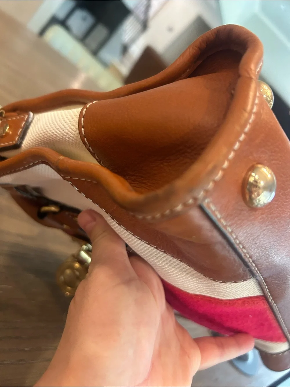 Michael Kors Brown Leather & Red Stripe Canvas Satchel